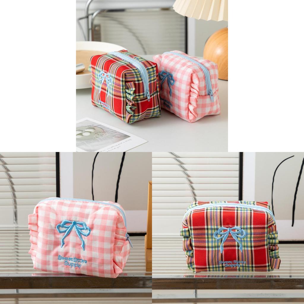 Polyester Cute Plaid Makeup Bag With Bow For Travel And Dorm Use