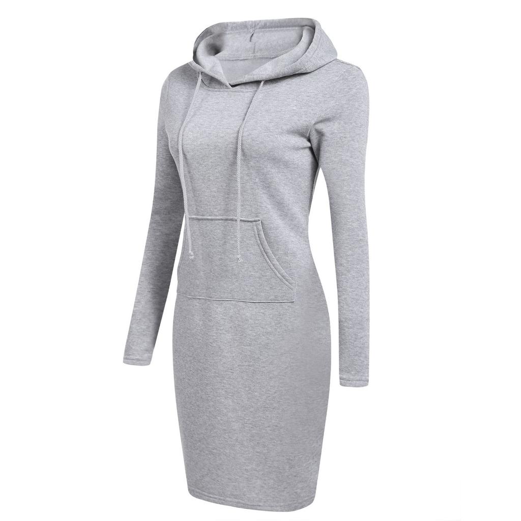 Women's Hooded Neck Long Sleeve Bodycon Midi Dress Solid Color Casual Sweatshirt Dress