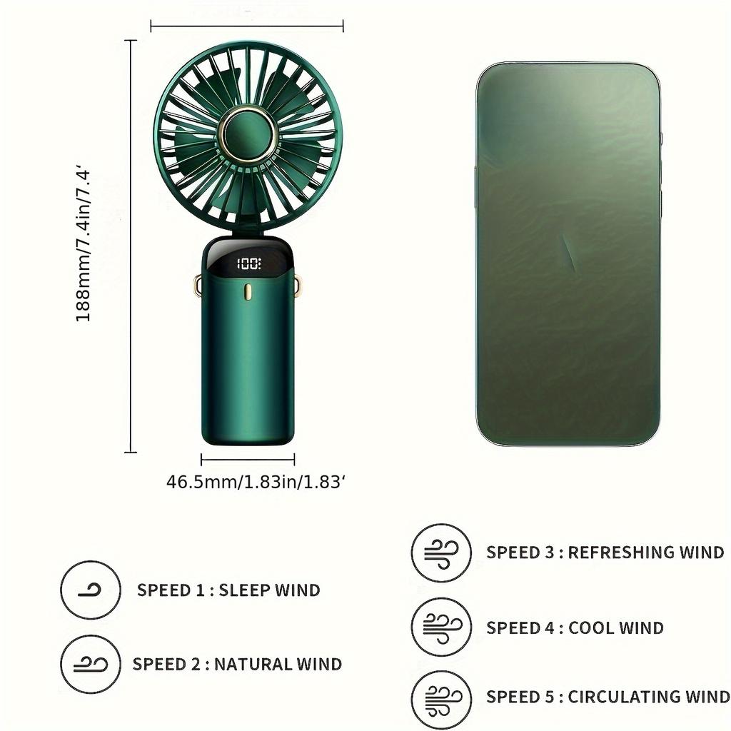1pc, Mini Portable Fan, Handheld Fan, Personal Mini Fan, USB Rechargeable, 5 Speeds, 90° Foldable Battery Powered, Mini Fan with LED Display