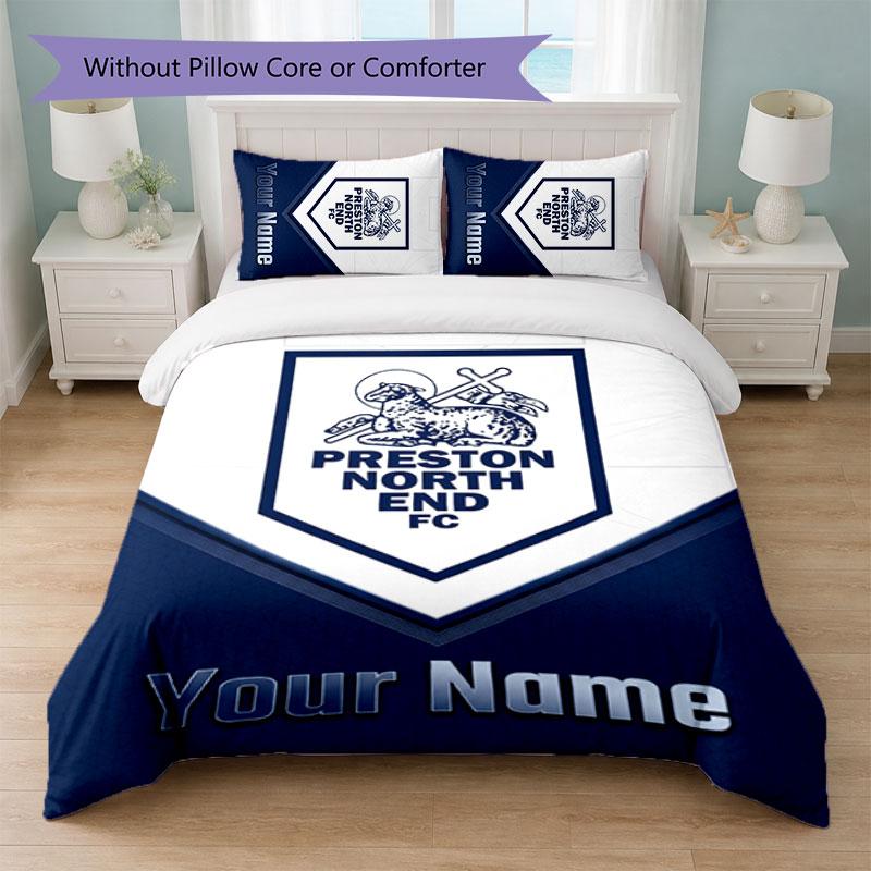 Preston North End Custom Name Text Bedding Set 1 Duvet Cover+2 Pillowcases Soccer Logo Personalized Gift For Special Occasion Bedroom Decor