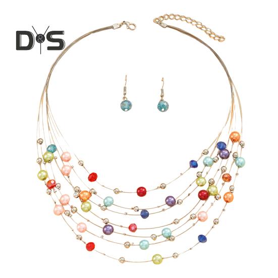 

1 комплект женских ожерелий и серег, многослойные цветные искусственные жемчужины в богемном стиле, регулируемая длина, серьги-крючки с искусственными кристаллами, украшения для выпускного вечера и шеи разноцветный