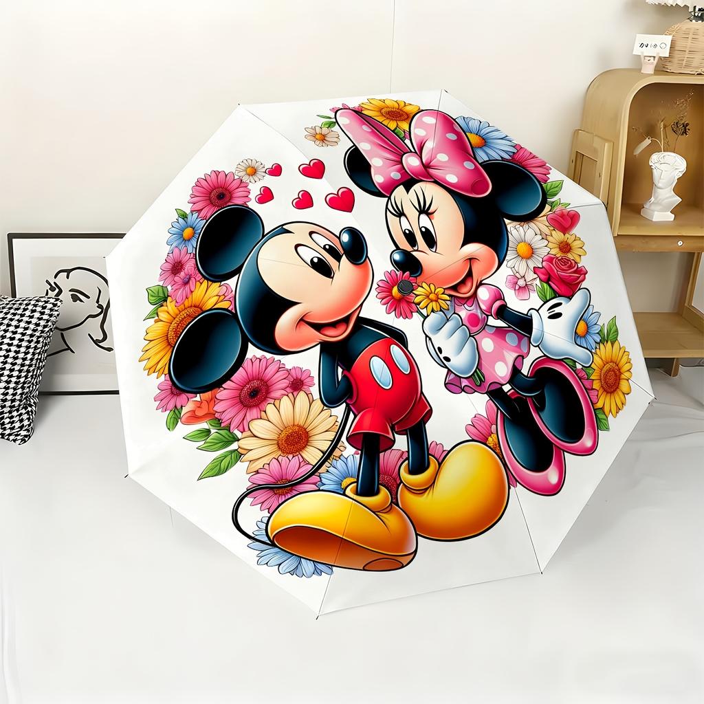 1pc Disney Mickey & Minnie Mouse Cartoon Pattern Automatic Umbrella, All-Occasion Dual-Use Umbrella for Sun and Rain, Portable