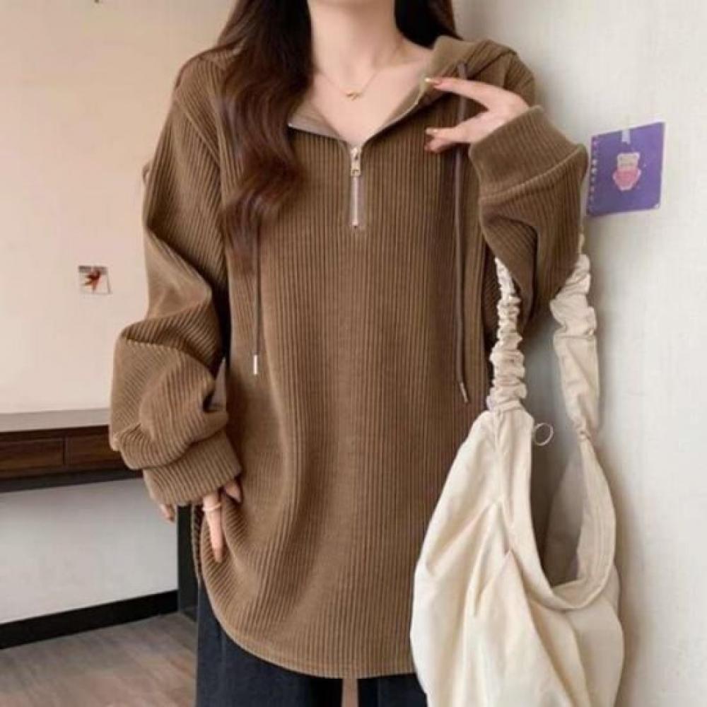 Navava Women Loose FiT Ribbed Half Zip Hooded Long Sleeve T shirT nT3238