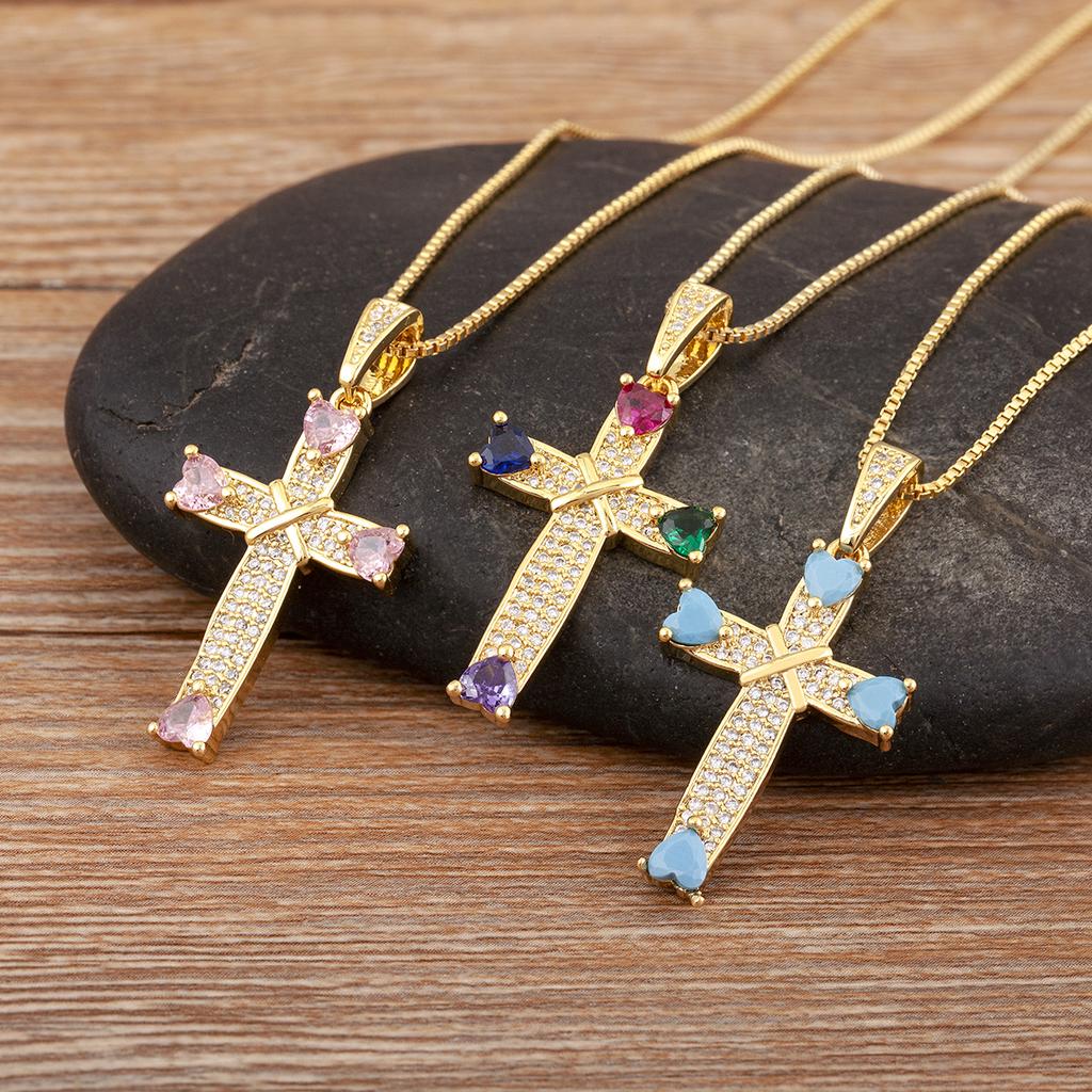 Nidin New Trendy Heart Shape Rhinestone Jesus Cross Pendant Necklace For Women Men 5 Colors Choice Clavicle Chain Jewelry Gifts