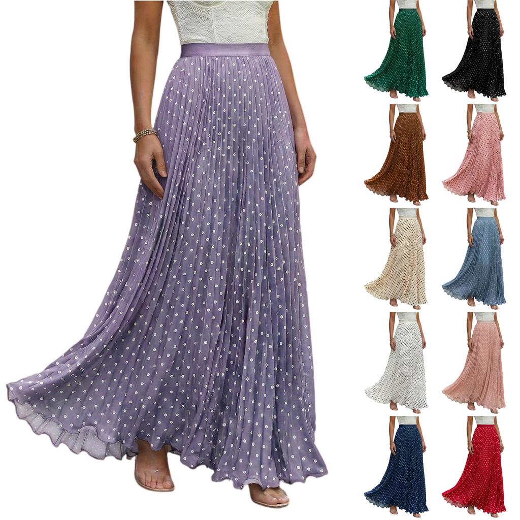 Women Vintage Polka Dot Print Pleated Maxi Skirt Holiday Style High Waist Flowy A Line Skirt for Casual and Everyday Wear