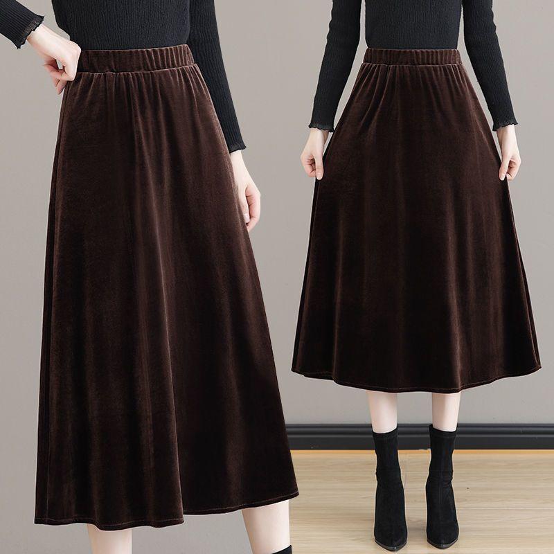 Women's Plus Size Skirt Solid Color High-Waist Gold Velvet Skirt Spring Autumn Long A-Line Skirt