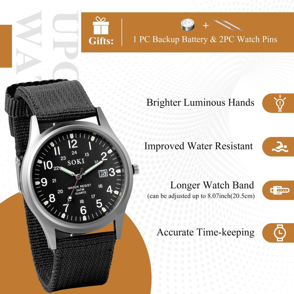Watches Military Calendar Luminous Analog Waterproof Nylon Strap Simple Large Dial Simulated Quartz Watch Fashion Watch Birthday Christmas Day Gift