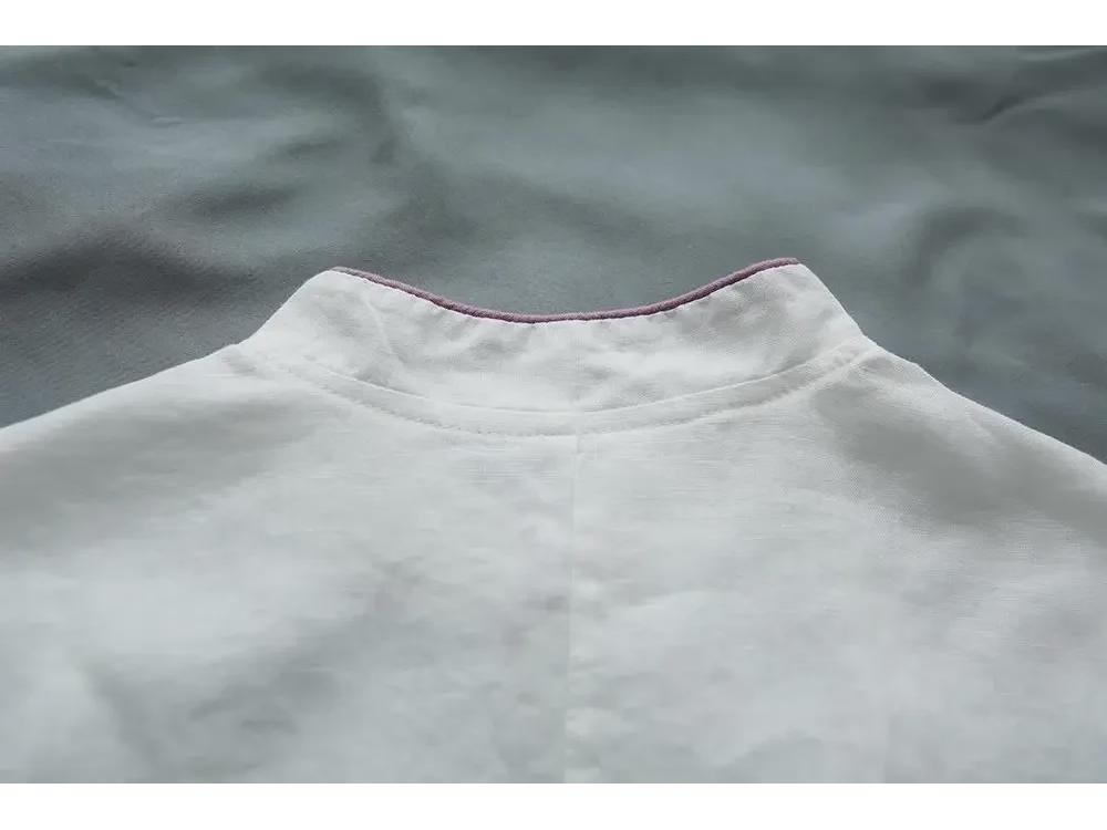 Chinese-Style Retro Cotton-Linen Mid-Sleeve Shirt with Stand-Up Collar and Embroidered Tea Service Design for Women.