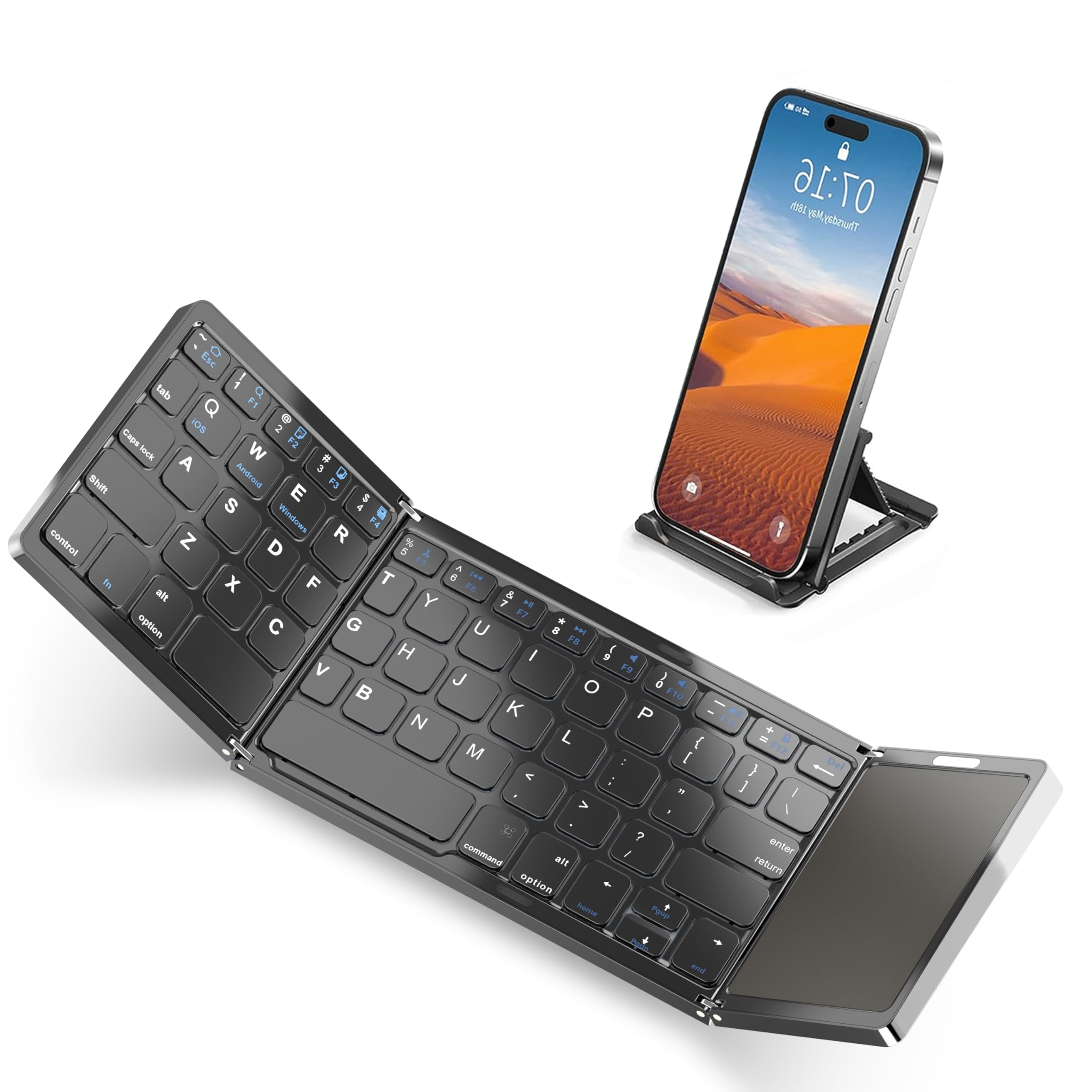 

Bluetooth Foldable Wireless Keyboard with 3 Switching Compatible with Windows iOS for English Layout Touchpad, One-Touch Connections, Andriod, Type-C