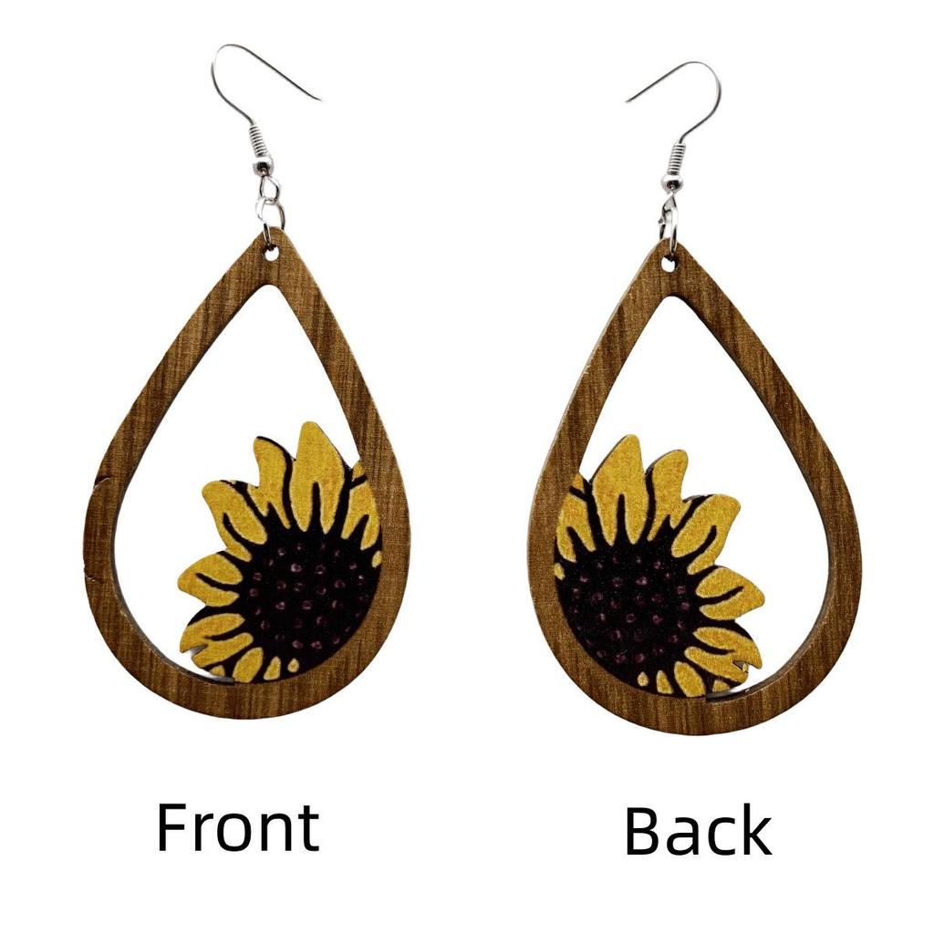 Sunflower Vintage Wooden Jewelry: Retro Large Earrings