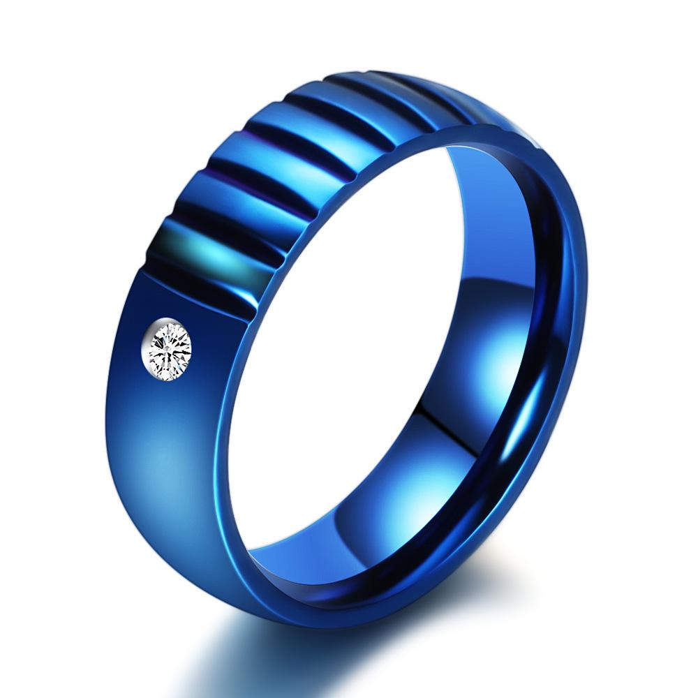 Blue Rhinestone Inlaid 6MM Stainless Steel Ring - Stylish and Trendy Cross-Border Design Size 10