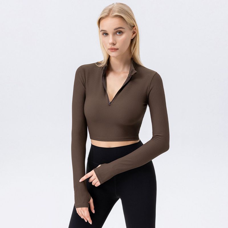 

Fashion Yoga Clothes Women s Short Stand Collar Zip Long Sleeve Coat Women s Skinny Slimming High Elastic Sports Fitness Top Women s Brown L
