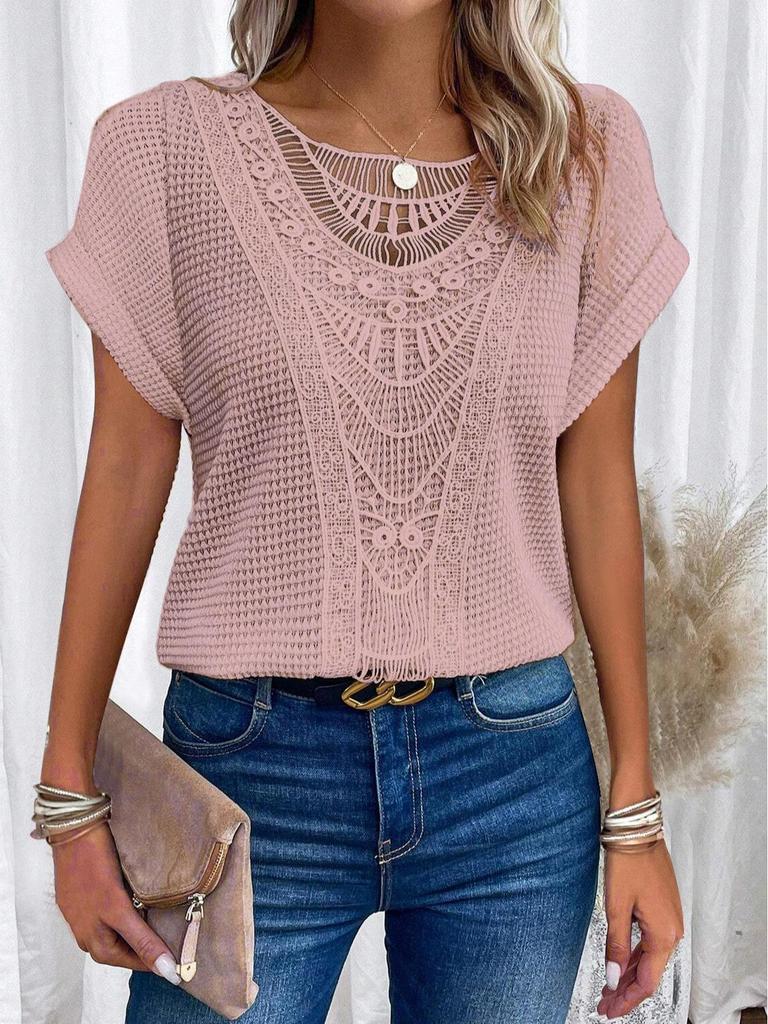 2025 Spring/Summer Lace Patchwork Casual Short Sleeve T-shirt for Women