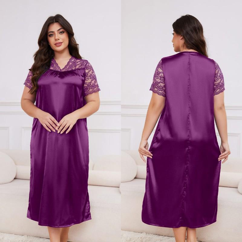 Plus Size Womens Lightweight Satin Sleep Dress With V-Neck Short Sleeve Loose Nightgown Home Wear