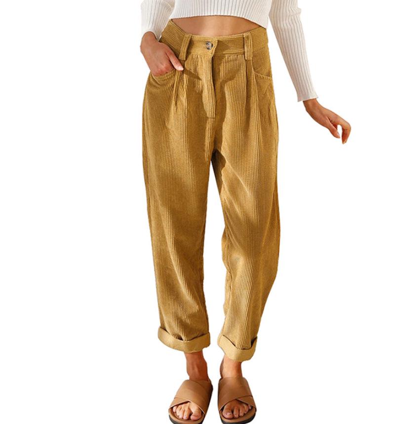 2024 Dámské ležérní manšestrové kalhoty s vysokým pasem - Jednobarevné, volný střih, rovná nohavice
