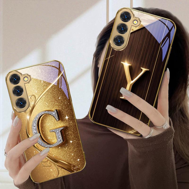Shining and dazzling "G" For Samsung Galaxy S26 S20 FE 21 22 Ultra 23 Plus 24 Ultra 25Ultra S21+ 22Plus Golden glass phone case