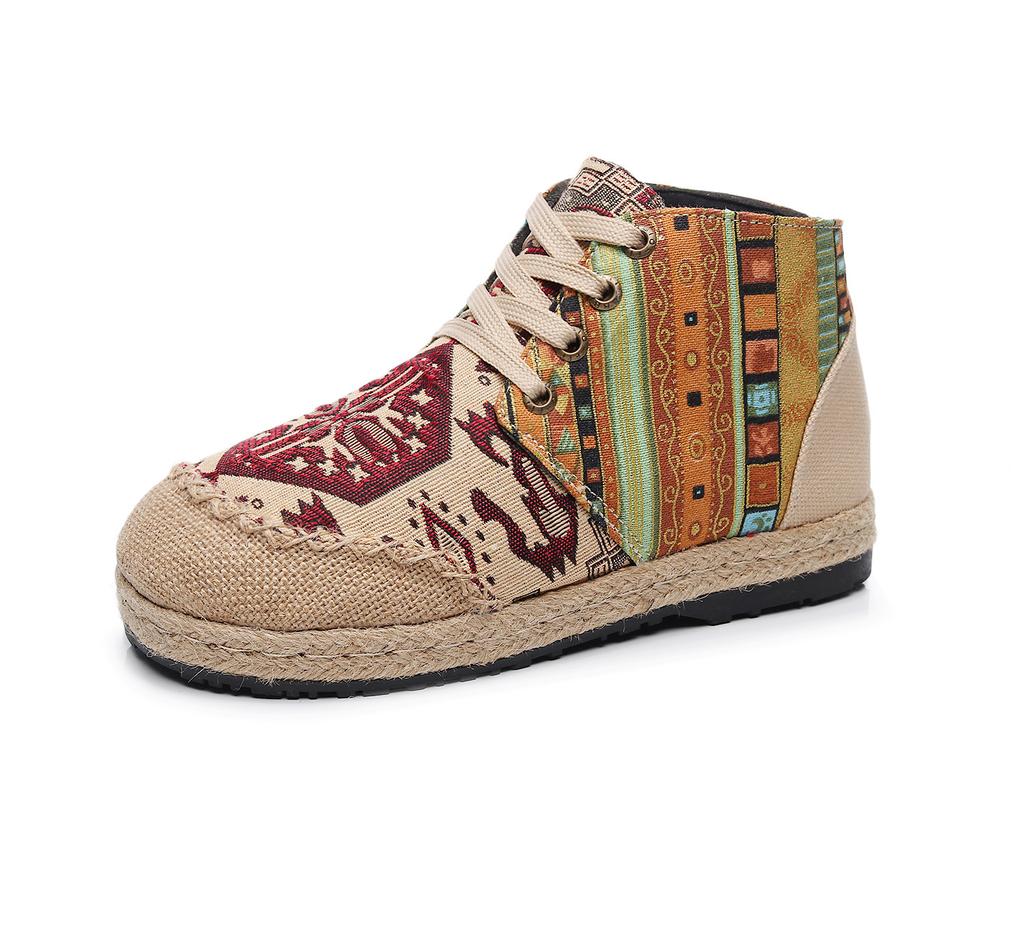 High Cotton Embroidered Women Casual Linen Flat Shoes Handmade Lace Up Thick Hemp Soled Canvas Sneakers