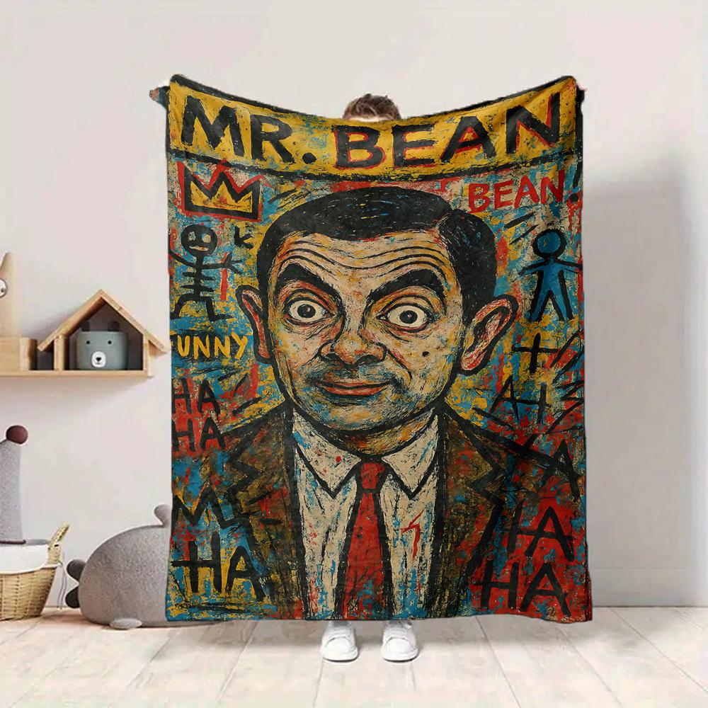 1pc Mr. Bean Art Flannel Throw Blanket HD Printed Lightweight Soft Warm All Season Blanket for Sofa, Bed, Travel, Camping Machine Washable