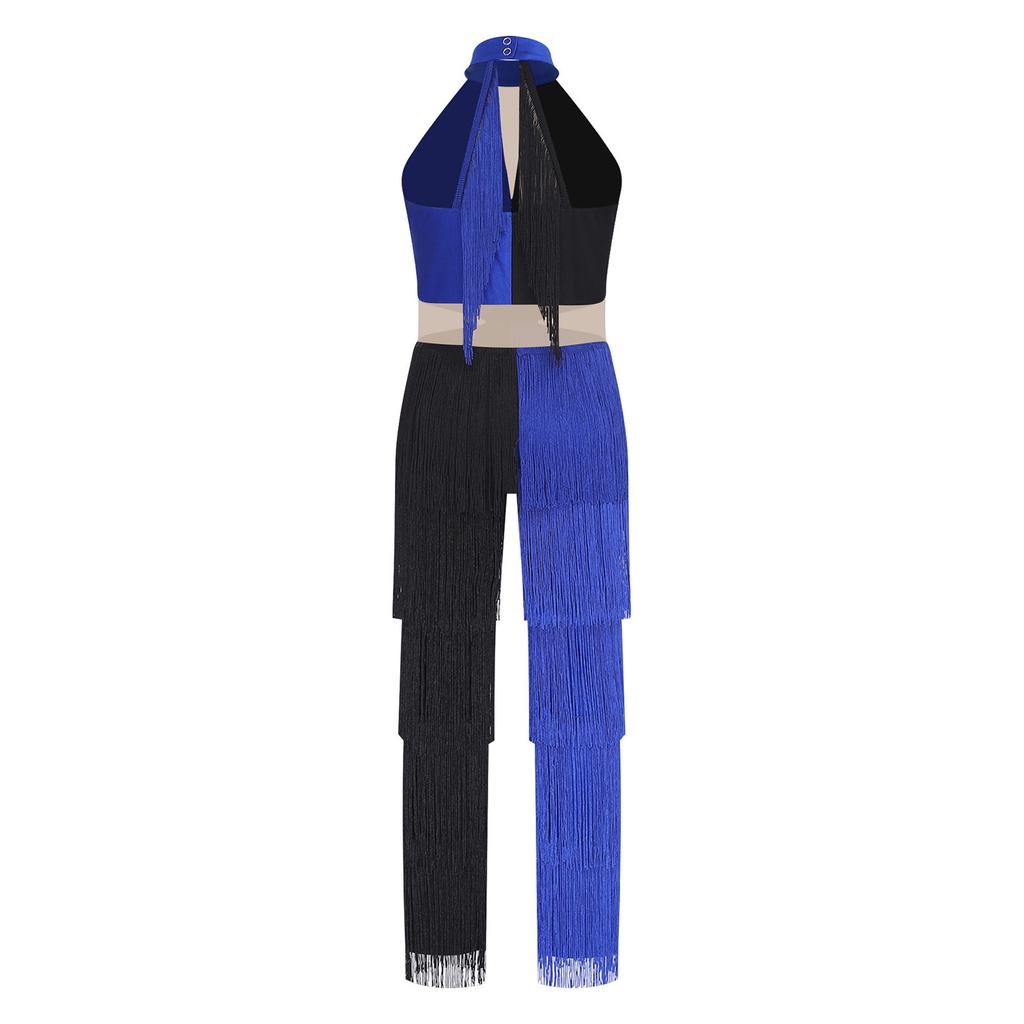 Lateinischer Tanz Wettbewerbskostüm für Mädchen: Colorblock Pailletten Quasten Jumpsuit, Neckholder Ärmellos mit Cut-out Rücken für Bühnenauftritt