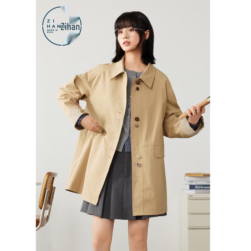 ZIHAN Women's Khaki Long Lapel Trench Coat