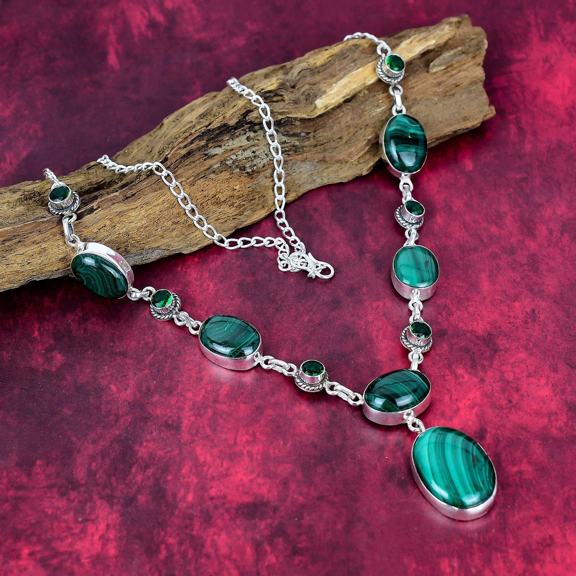 

Ожерелье из малахита и хромдиопсида, регулируемое ожерелье-цепочка из стерлингового серебра 925 пробы. Подарок для женщин ожерелье ручной работы ювелирные изделия из драгоценных камней