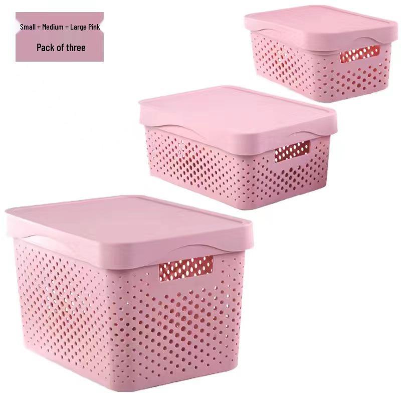 Hollow Plastic Storage Basket with Lid - Desktop Organizer & Wardrobe Bin
