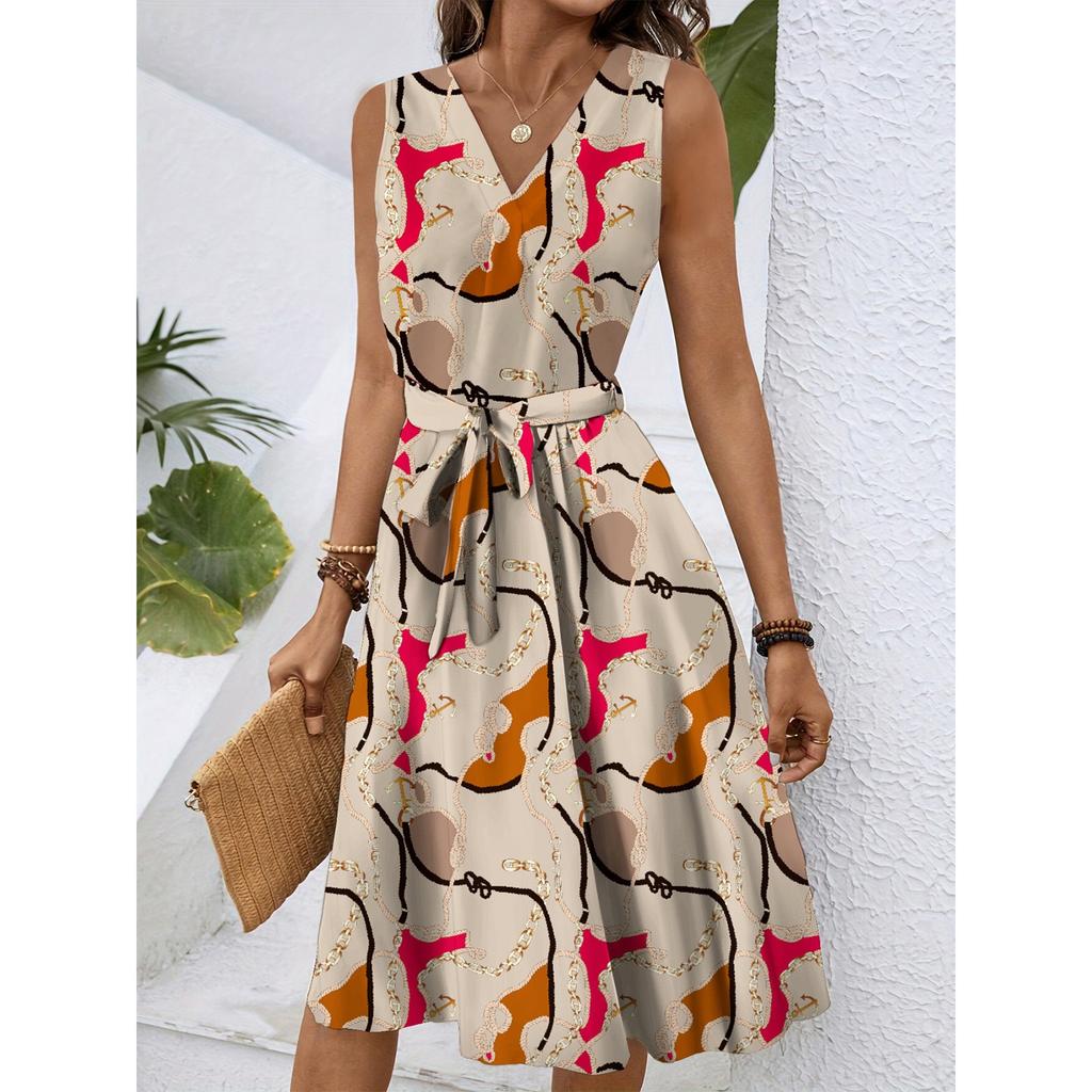 Kadın İlkbahar Ve Yaz Günlük V Yaka Kolsuz Belden Oturtmalı Çiçek Desenli Midi Elbise