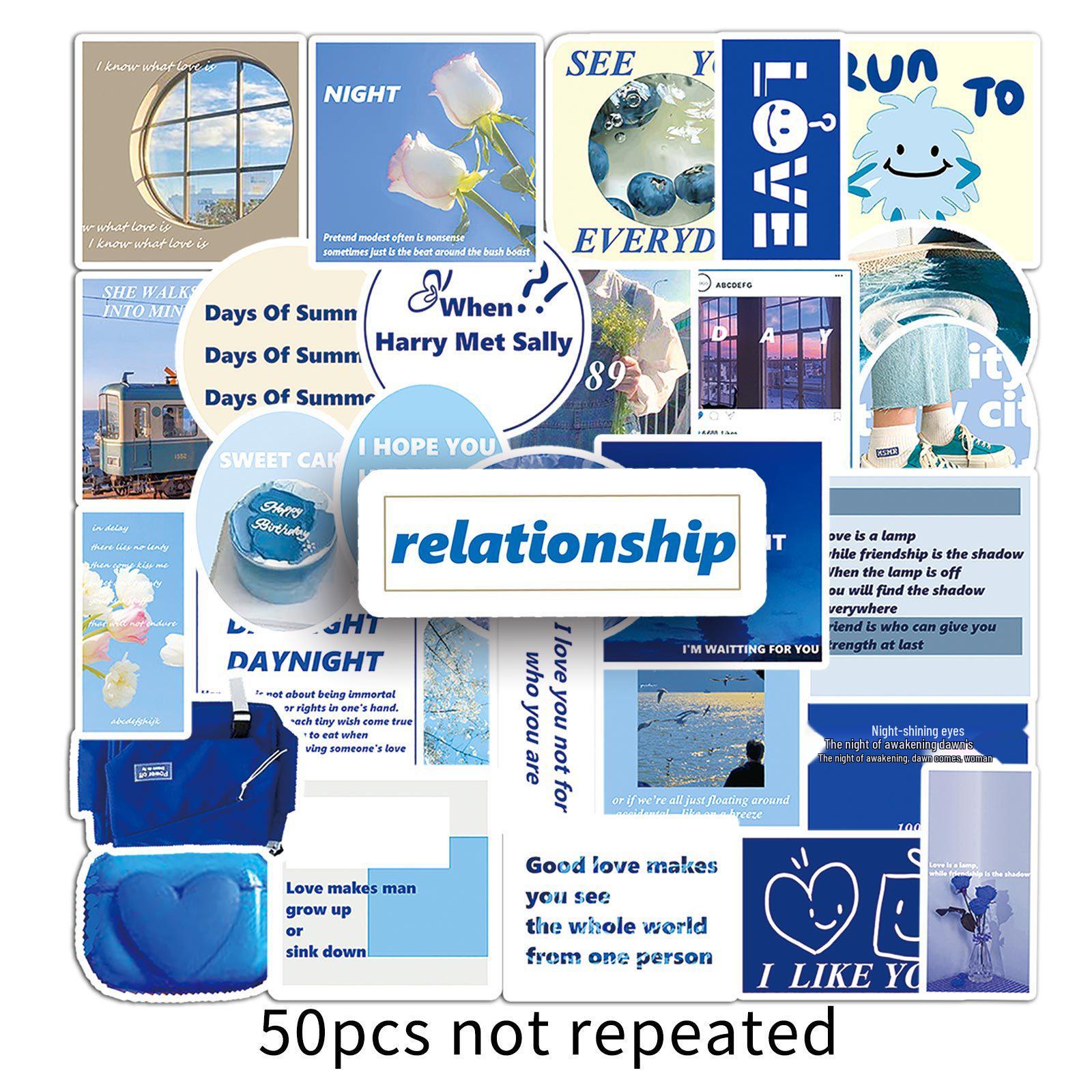 50 Blue Nordic English Journal & Phone Decoration Stickers - Waterproof Collage Decals