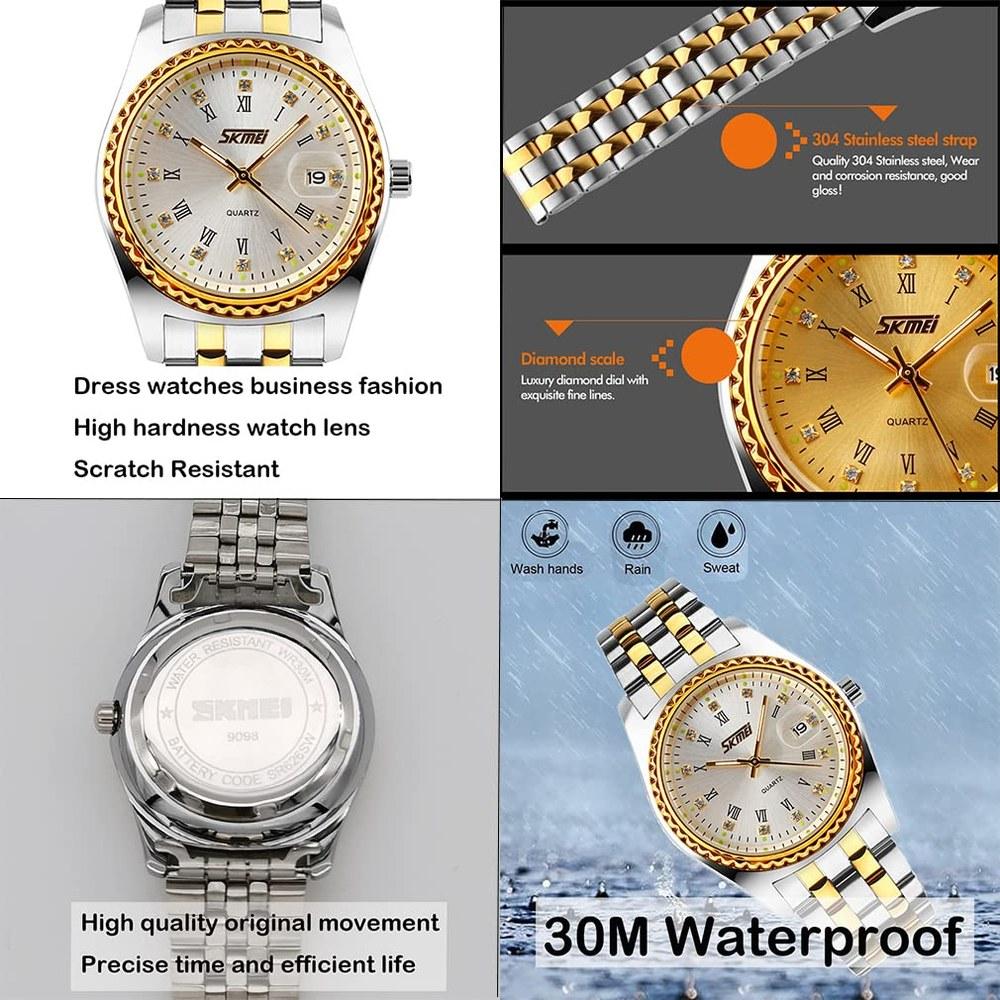 SKMEI Couple Wristwatch Set Men and Women Classic Gold Silver Stainless Steel Waterproof Luxury Gift Wedding Mother's Day Father's Day Pair Gift