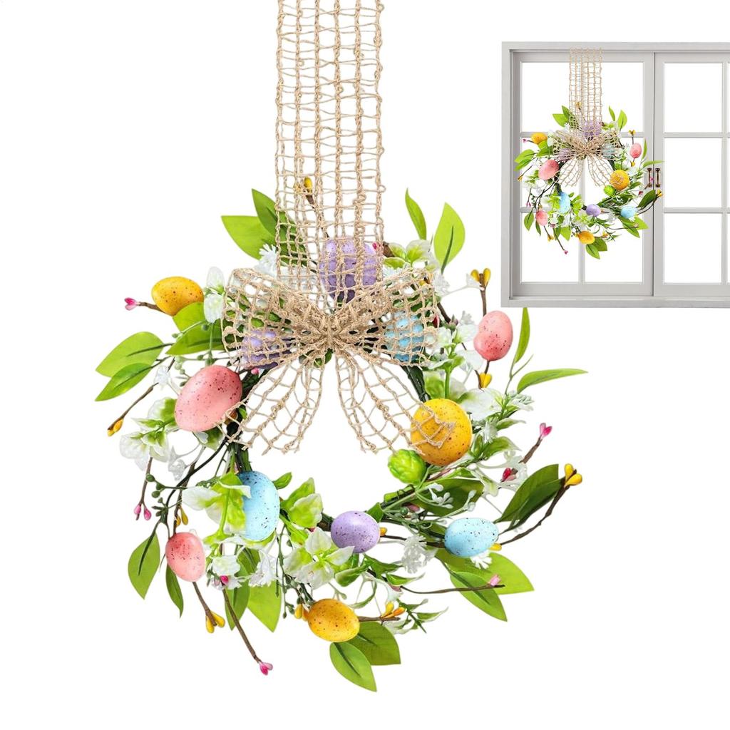 Easter Egg Wreath Artificial Spring Flower Wreath With Bow GrassLeaf Decoration Front Door Floral Garland Window Wall Ornament