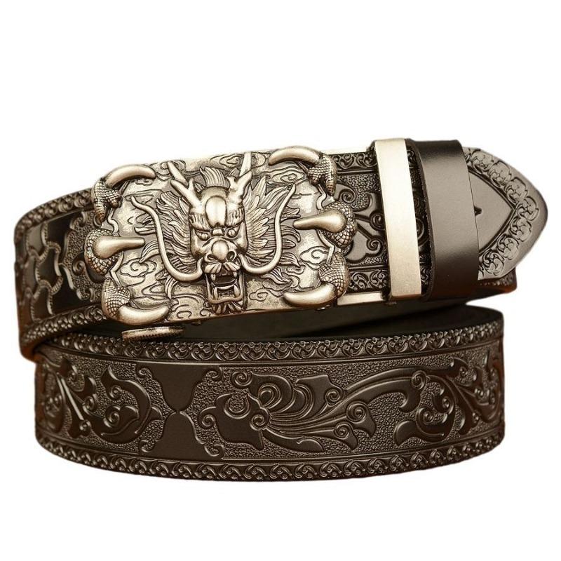Domineering Tang grass pattern engraved men's automatic imitation copper buckle belt, personalized