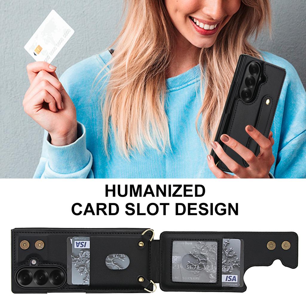 Crossbody pouzdro na telefon pro Samsung Galaxy Z Fold 7 Fold6 5 4 Kožené Kovový patent Zápěstní popruh Držák na karty Peněženka s popruhem