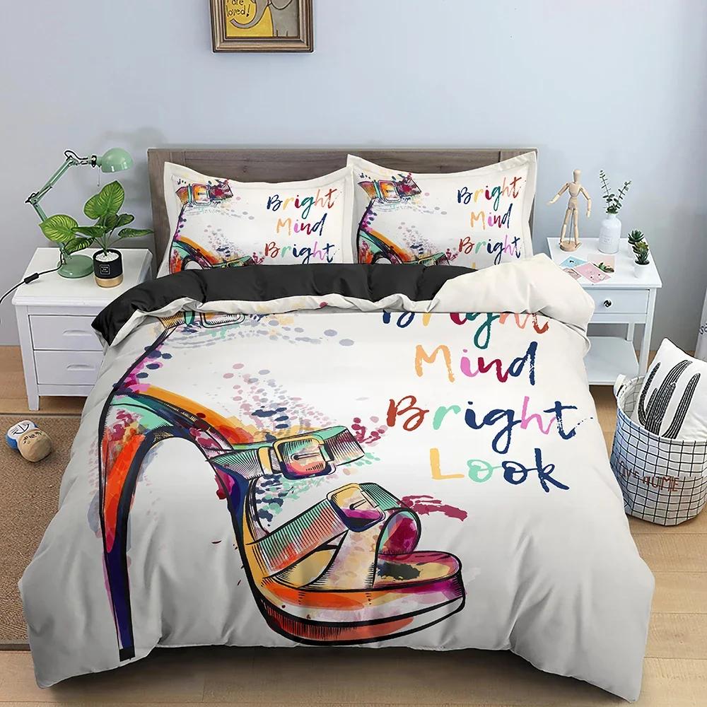 Fashion Woman Cosmetic Female High-heeled Shoes Comfortable Duvet Quilt Cover Pillowcase Bedding Set Children Bedroom Decoration