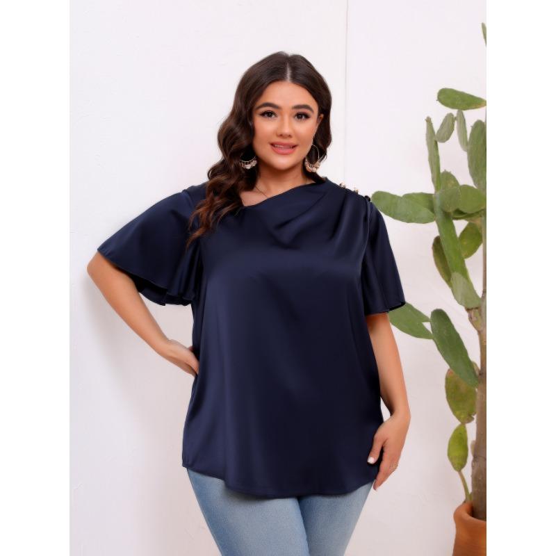 Womens Plus Size Satin Blouse Cowl Neck Ruffle Short Sleeve Casual Loose Top 0XL темно-синий