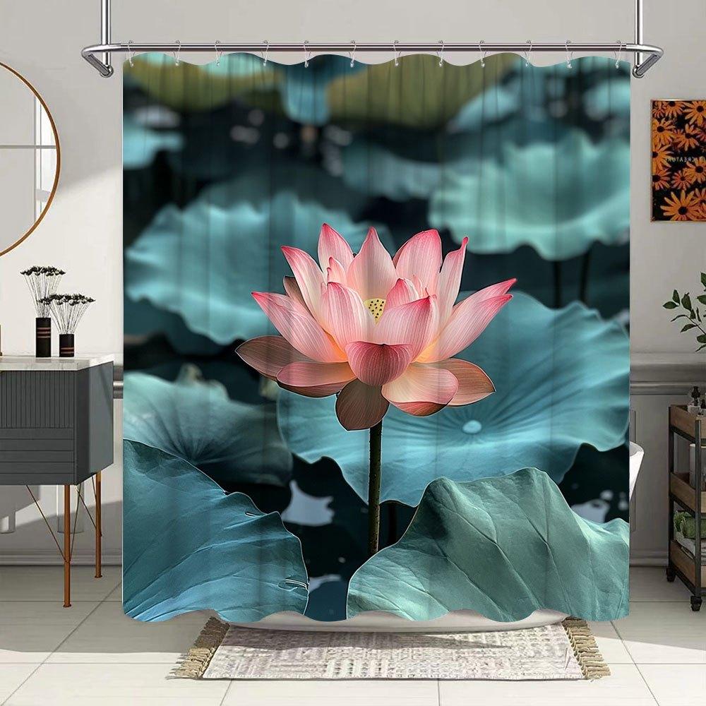 1pc for Lotus Bloom Bath Curtain - Elegant Water Garden Design with Pink Flowers & Blue-Green Leaves, Serene Botanical Decor, Du