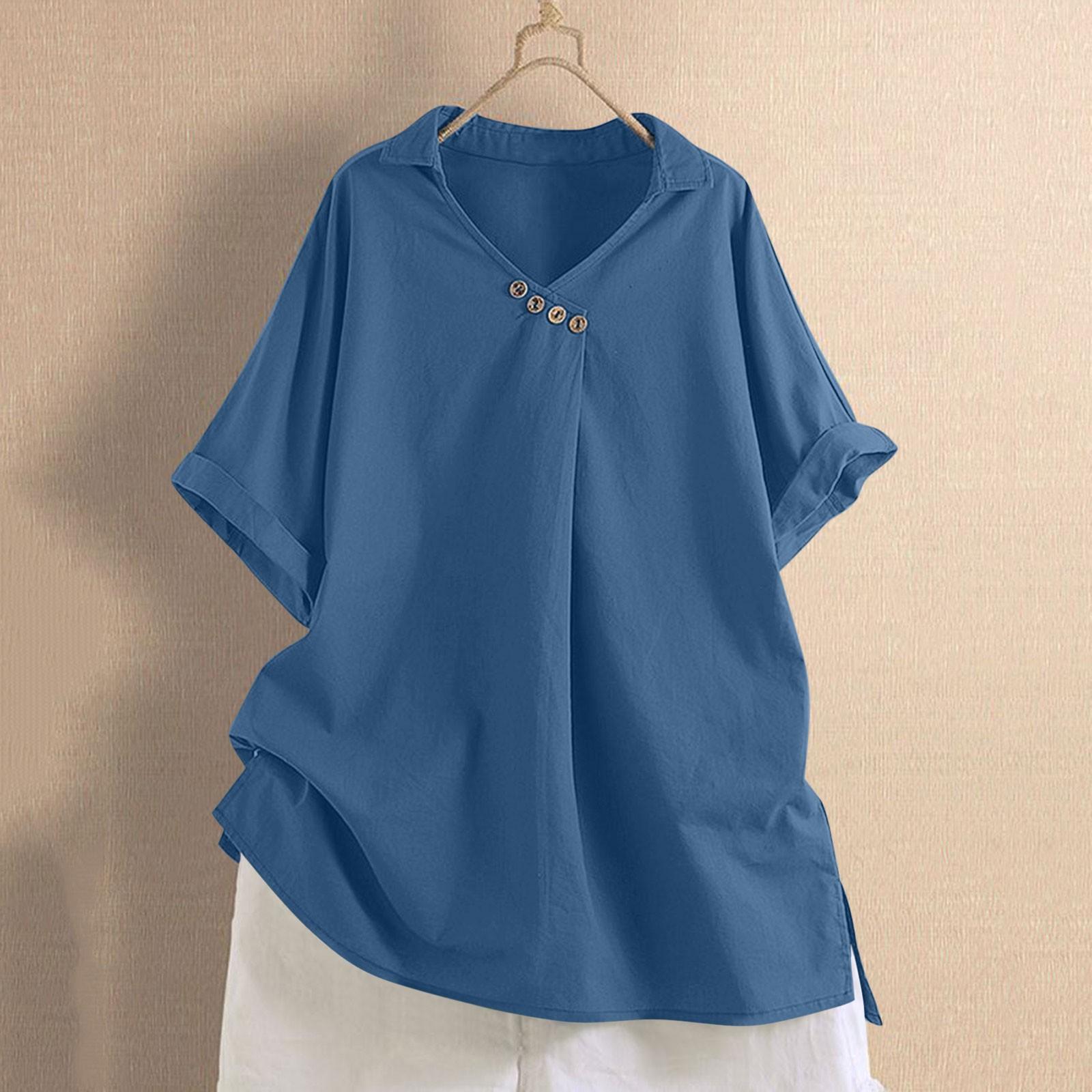 

Жіноча бавовняно-лляна однотонна сорочка з коротким рукавом, V-подібним вирізом на ґудзиках, вільна сорочка XXL Темно-синій