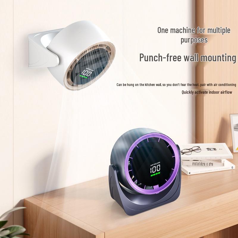 Compact USB Charging Desktop Fan with Digital Display and Wall-Mount Option