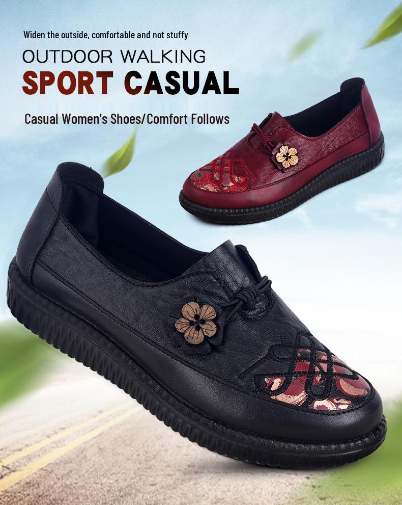 Women's Autumn Embroidered Soft Sole Non-Slip Flat Shoes - Comfortable, Breathable, Ideal for Middle-Aged and Elderly.