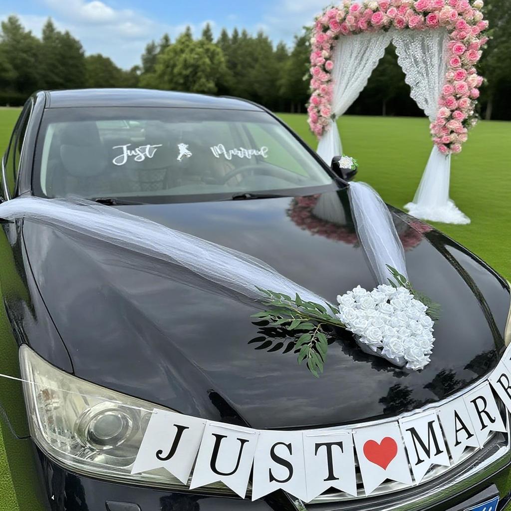 Heart-Shaped Wedding Car Hood Decoration With Angel Wing Design –2 Rearview Artificial Flowers, White Tulle Ribbons & Just Married Decal Set
