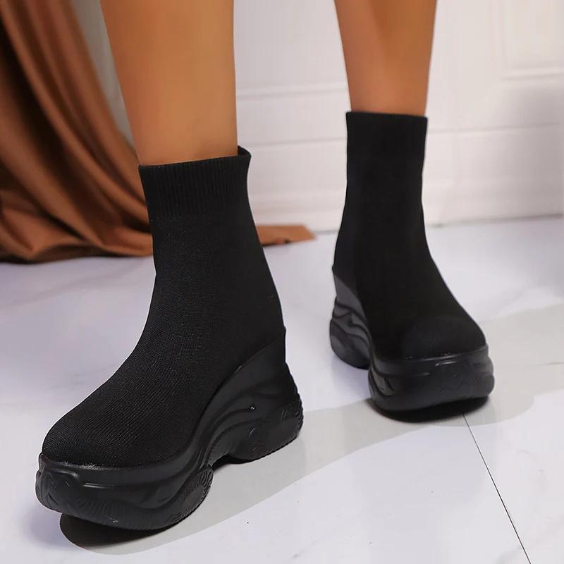 Fashion Chunky Platform Knitted Sneakers for Women High Top Comfortable Sports Shoes Woman Thick Bottom Elastic Slip On Socks Sneakers