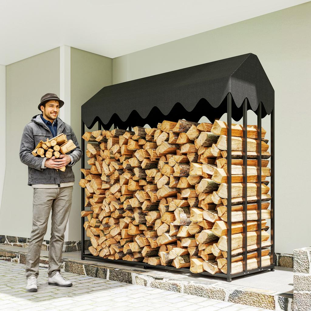 Outdoor Log Storage Rack, Cover, 600D Oxford, 1.9 m³, Steel, 186 x 70 x 185 cm, Black