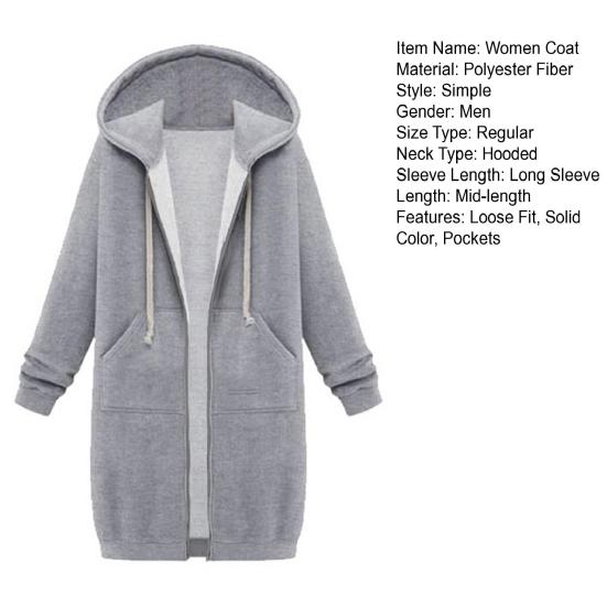 Women Sweatshirt Coat Hooded Adjustable Drawstring Long Sleeve Coat with Pockets Solid Color Mid-length