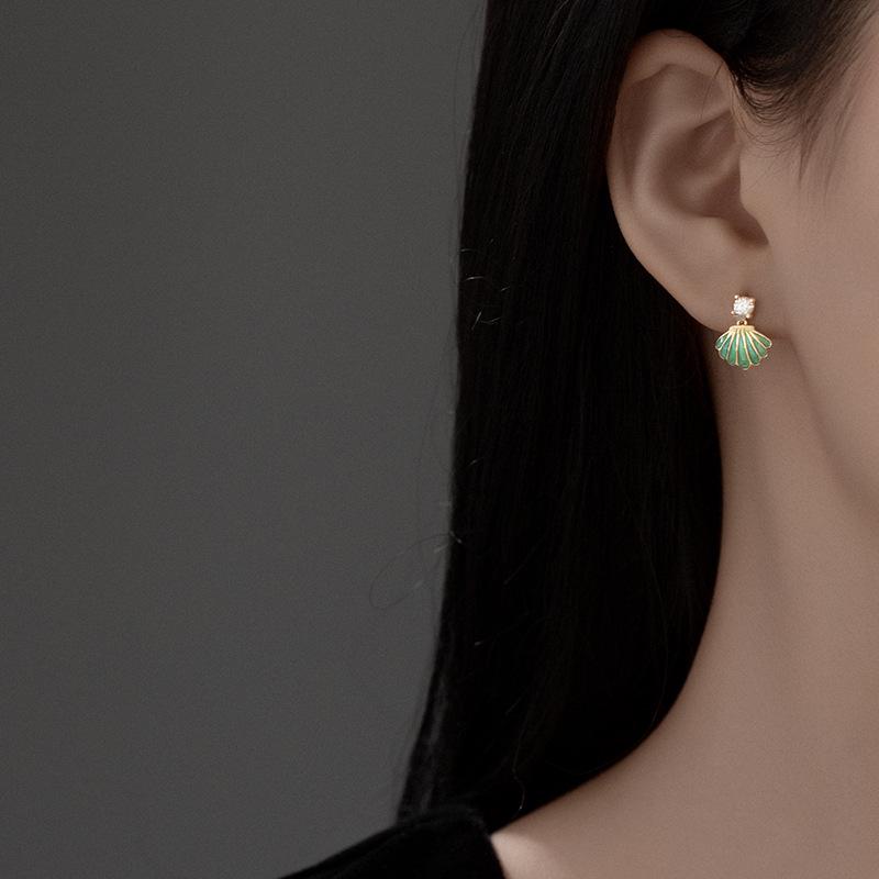 Asymmetric Ocean Shell & Dolphin Zircon Earrings - S925 Silver Glazed Drop Style for Women