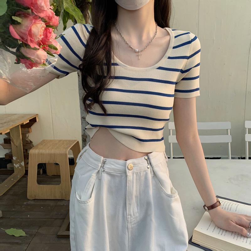 Women's Striped Knitted Short-Sleeve T-Shirt - Trendy Summer 2022 Slim Fit Top