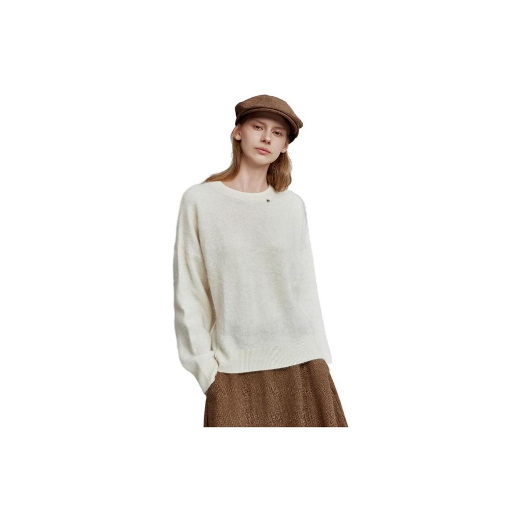 ELLE Solid Color Round Neck Loose Long Sleeve Pullover Knit Sweater Women Sweater Off-White EM36929