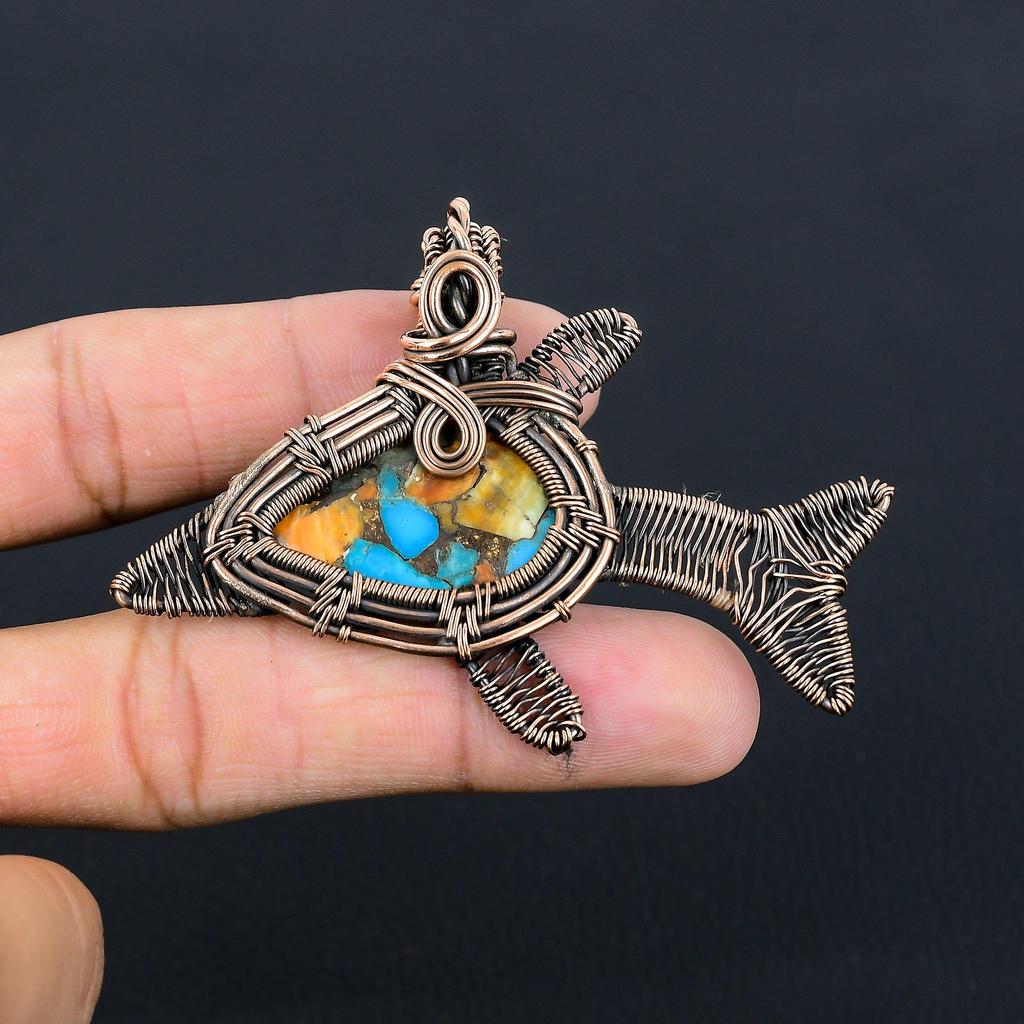 Unique Spiny Oyster Turquoise Gemstone Handmade Pure Copper Wire Wrapped Fish Pendant Jewelry