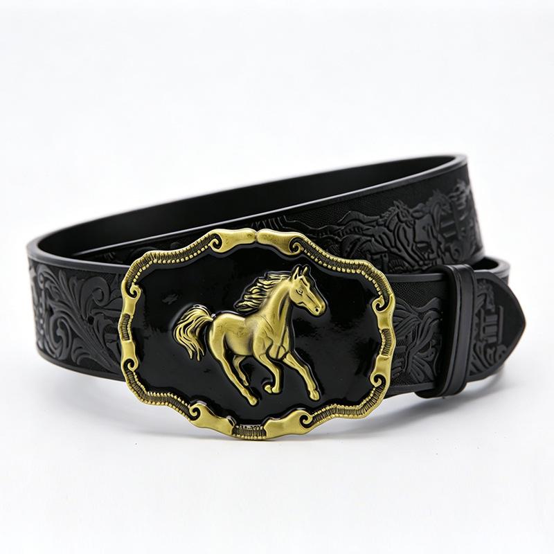 Western Cowboy Floral Embossed Leather Belt with Large Horse Buckle - Unisex Punk Style 120cm