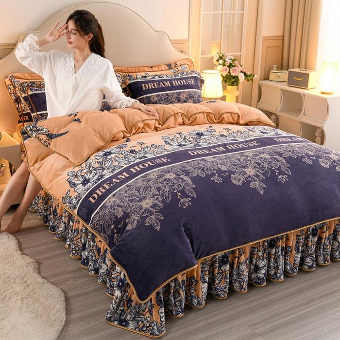 Thickened Milk Fleece Four-Piece Warm Double-Sided Coral Fleece Quilt Cover Flannel Sheet Bed Skirt Bedding