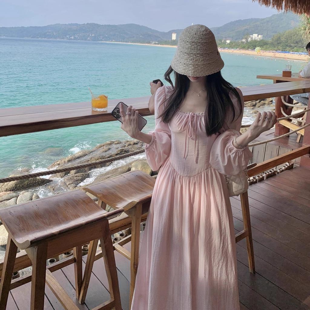 Early Autumn French Pink Long-sleeve Dress for Women, a New 2026 Waist-cinching Slimming Elegant Long Skirt for Early Autumn