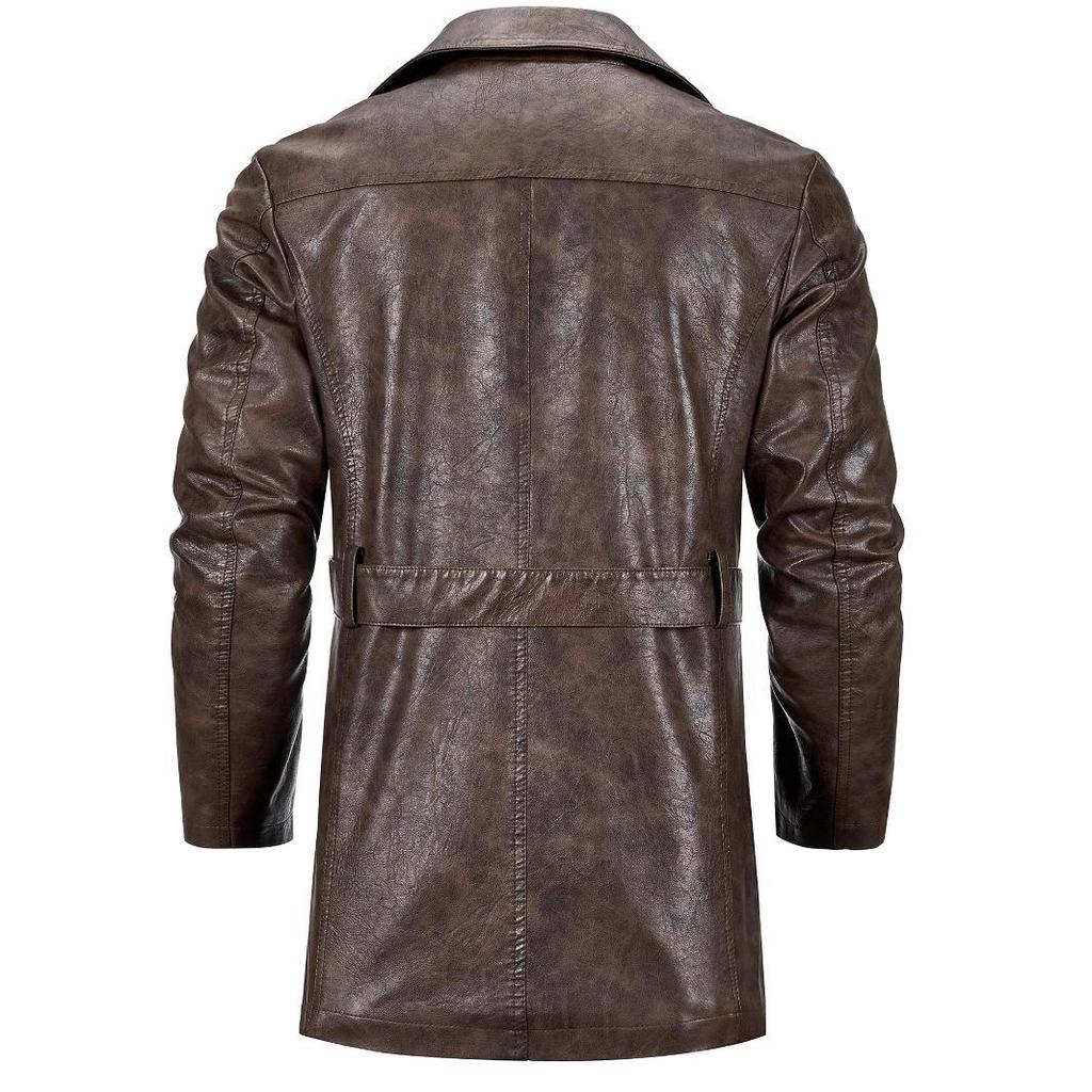 Men's Korean Style PU Leather Mid-Length Windbreaker Jacket